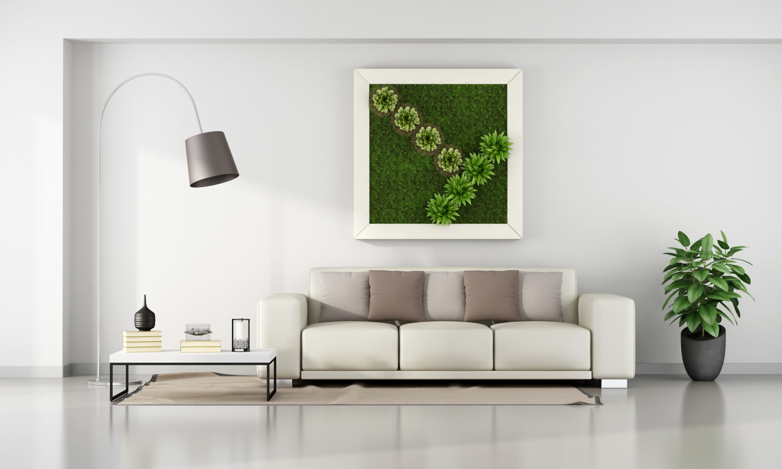 Stue i minimalistisk stil med plantevæg